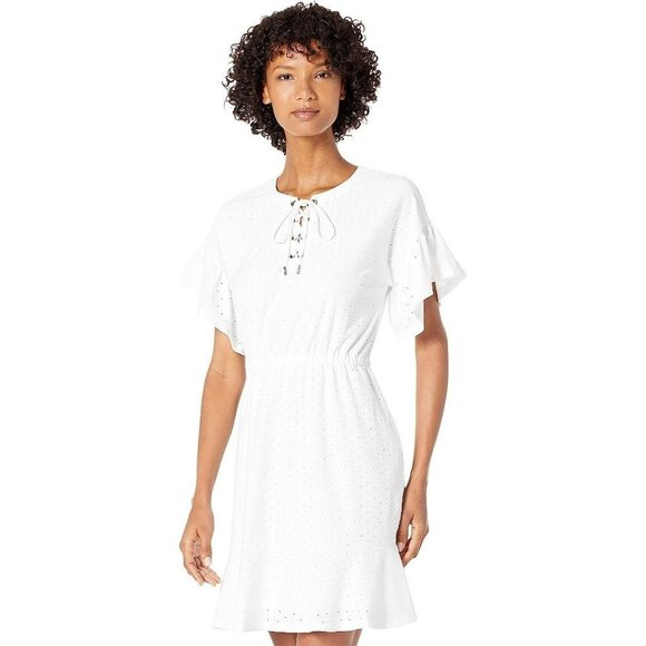 Michael Kors$140 Lace-Up Lace Ruffle Mini white Dress SM NEW WITH TAG - Picture 1 of 7